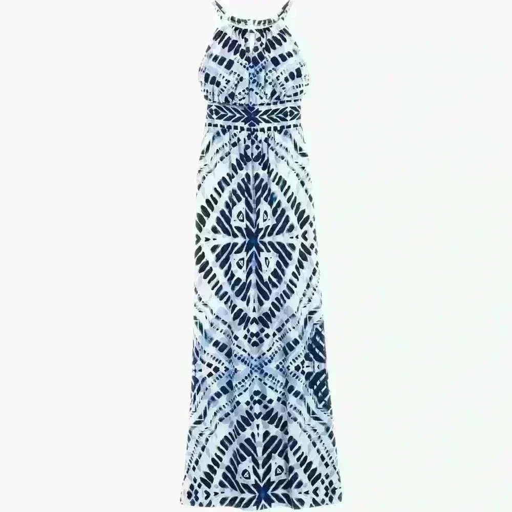 Chico's‎ Blue Diamond Tie-Dye Maxi Dress Sleeveless With A Keyhole Size O